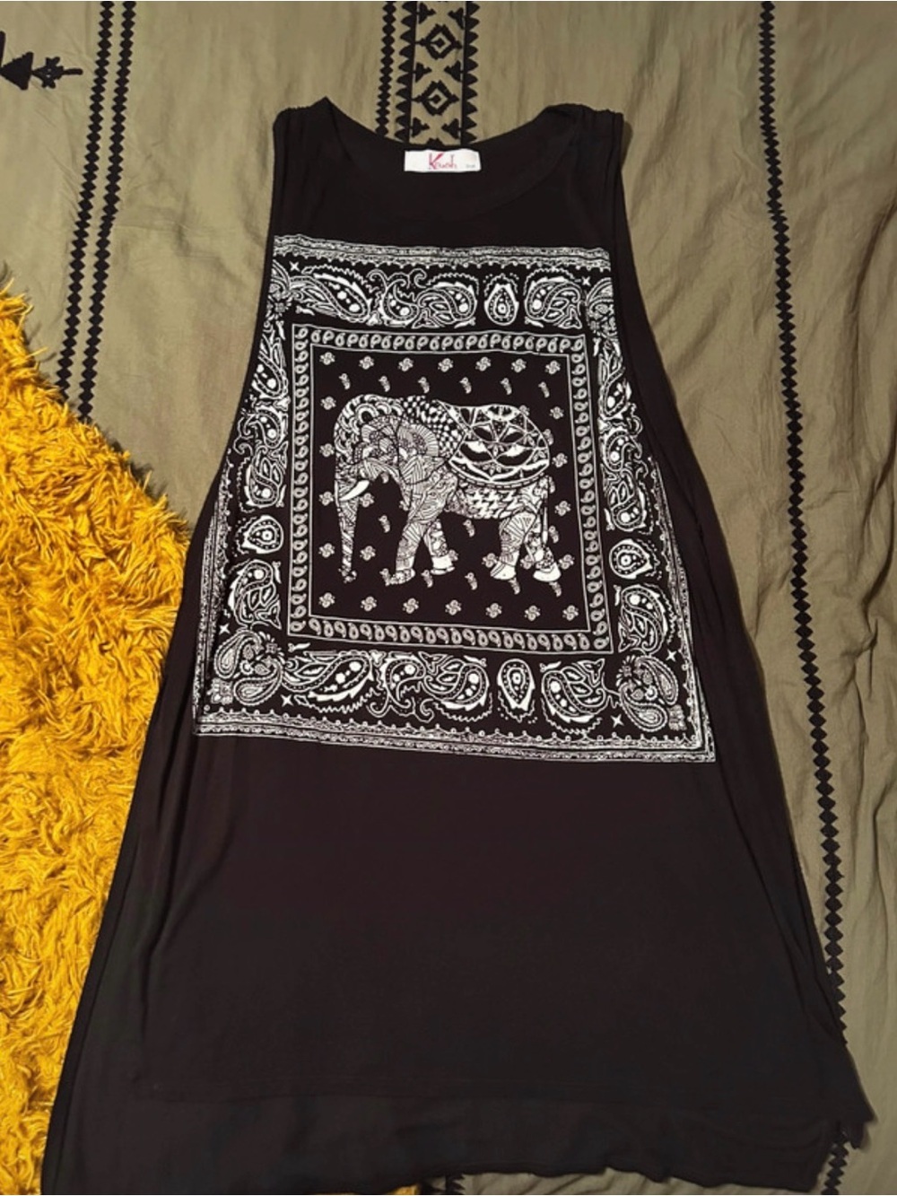 Krush Black Tank Top or Dress Tunic with White Elephant Bandana Print